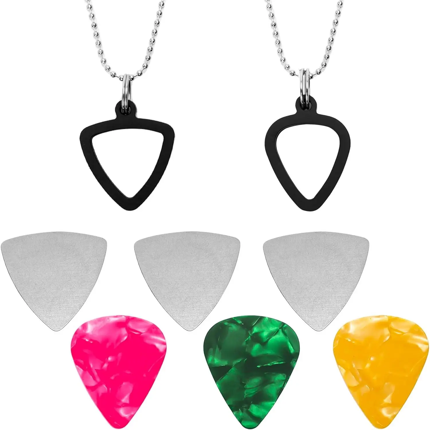 2-Pack Heart-Shaped Guitar Pick Holder Necklace, Metal Chain Jewelry for Men & Women Guitarists with 6 Colorful Picks, Chain Jewelry Necklaces
