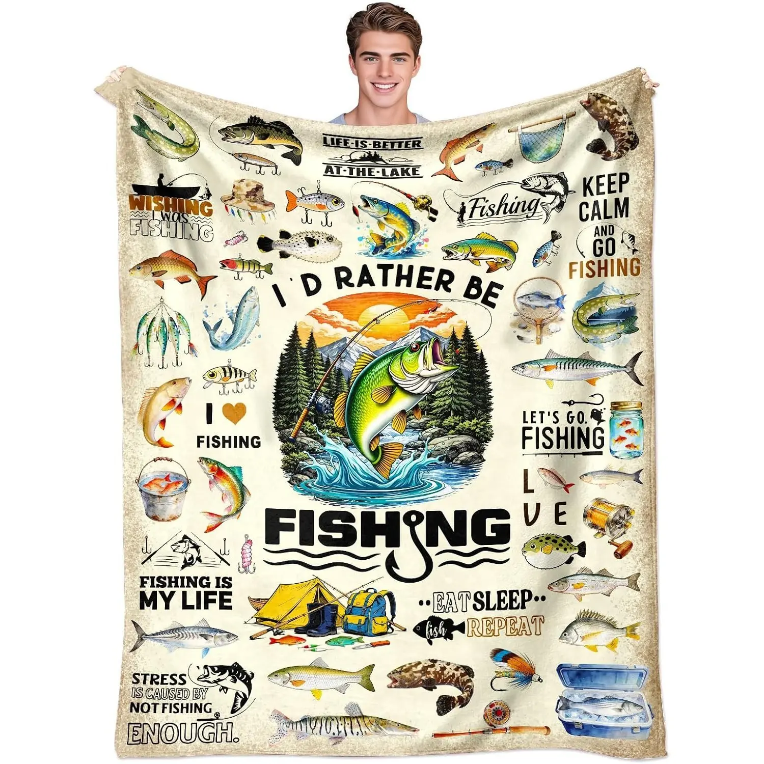 Soft Flannel Fishing Throw Blanket, Funny Fish Themed Gift for Men, Men's Stuff for Fishermen