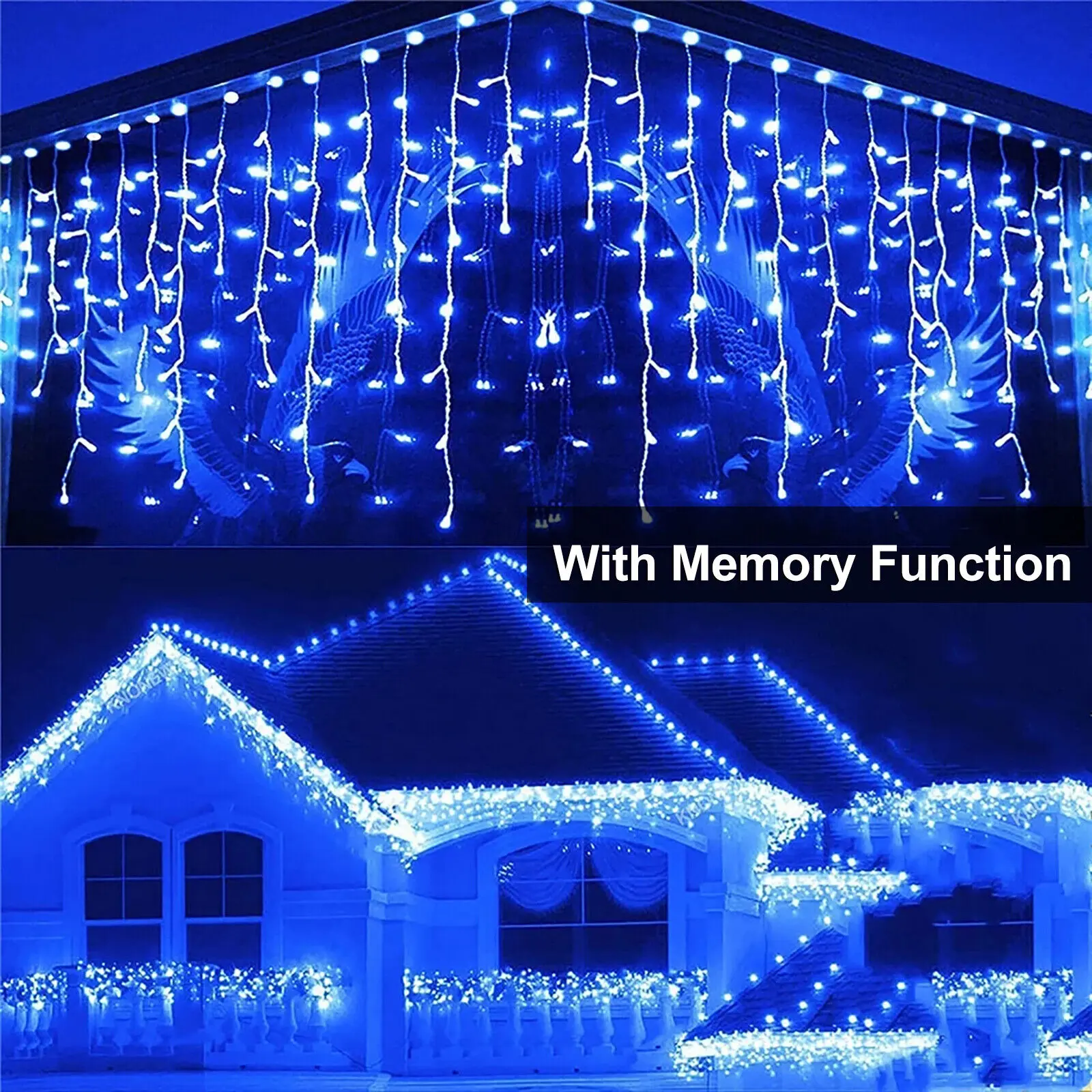 2pc Contemporary 96LED 4M Blue Icicle Curtain Lights - 8 Modes, Timer, Memory, Connectable, Waterproof, Magical LED Lighted Set with Box for Halloween Outdoor Decoration, Valentines Day, Home Decor, Outdoor Twinkle Lights