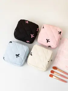 Cute Embroidered Bow Makeup Bag, Handheld Cosmetic Pouch, Sanitary Towel Holder, Menstrual Pad Storage, Coin Purse, Gift for Women, All Seasons