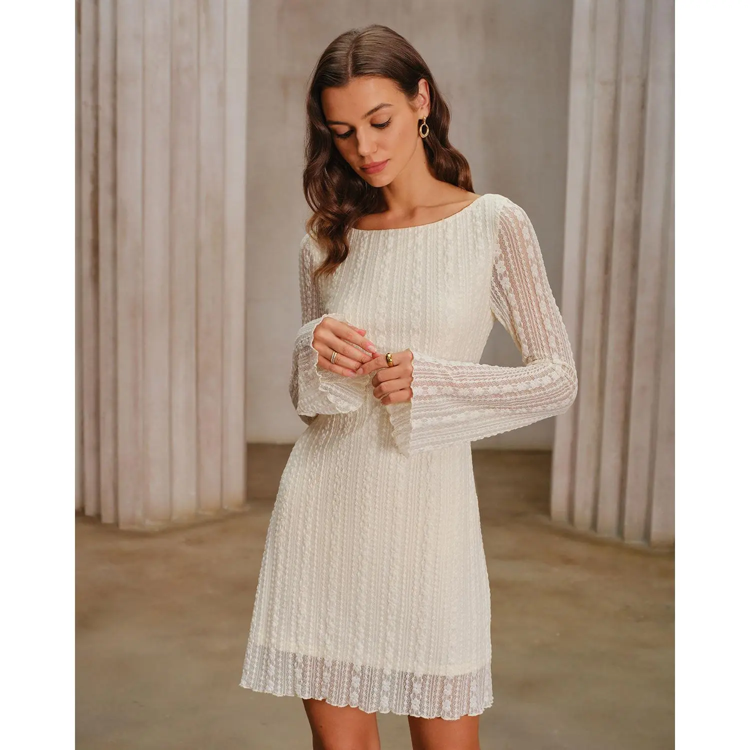 Rihoas Women's Apricot Waisted Floral Lace Bell-Sleeve Long-Sleeve  Boat-Neck Mini Dress - Polyester-Spandex-Nylon Knit Fabric, Ideal for  Casual Wear - TikTok Shop