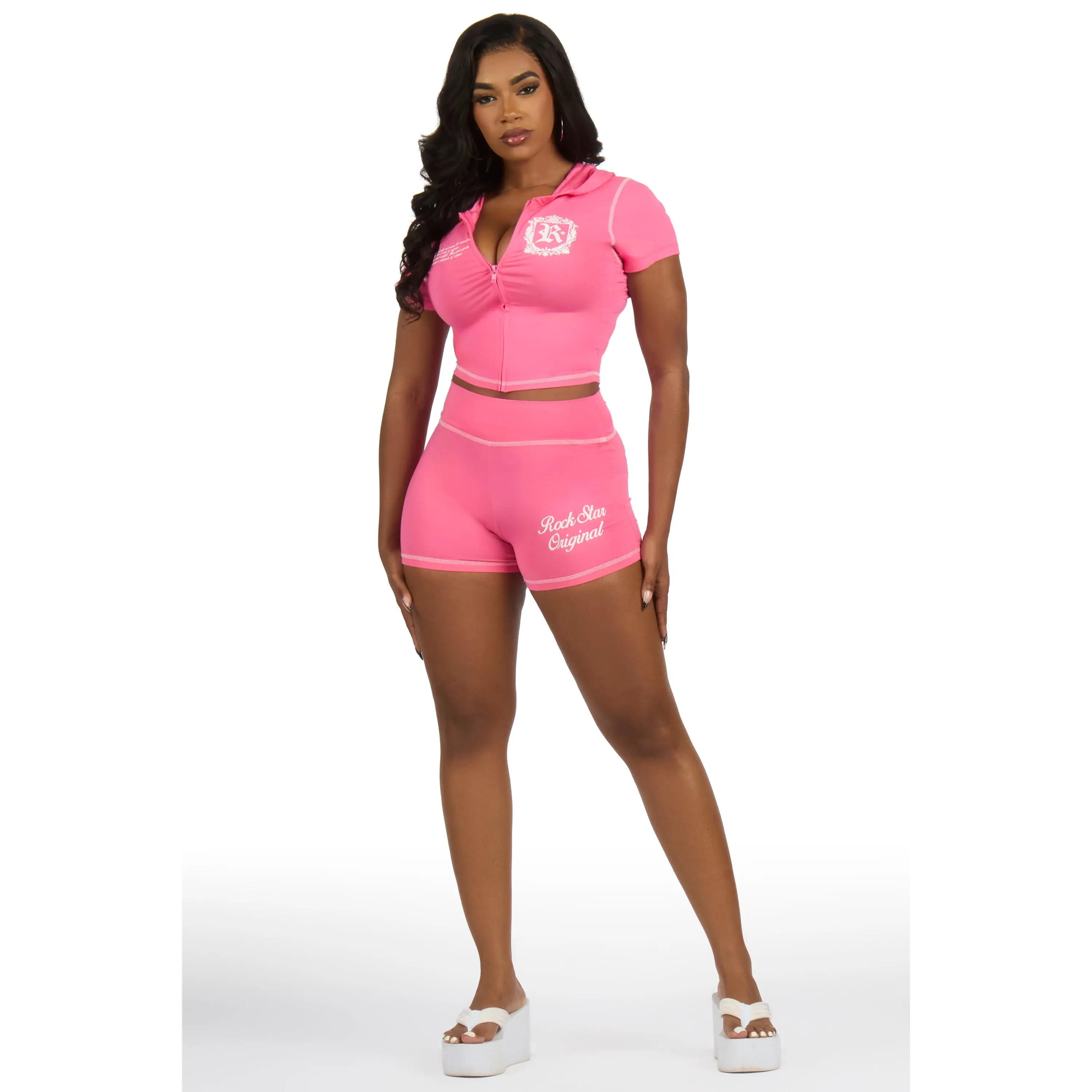 Desmine Pink Short Sleeve Zip Up Short Set