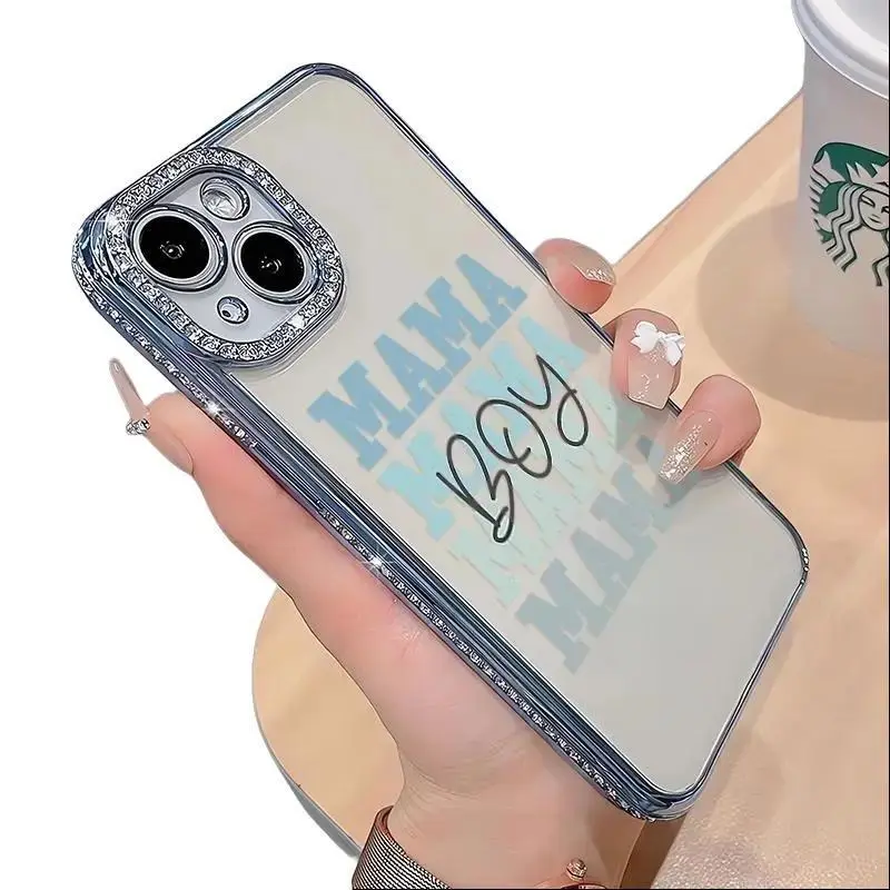 Boy Mama Luxury Rhinestone Smartphone Case, TPU Casing for iPhone 12 Plus & 13-17 Series (Pro/Pro Max/Air) - Shockproof Protection Accessory with Camera Protector, Accessories