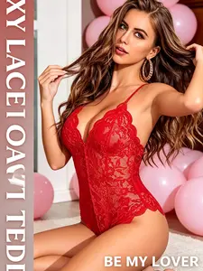 Sexy Lingerie for Women Deep V Teddy Sheer Lace Bodysuit Snap Crotch One Piece Babydoll