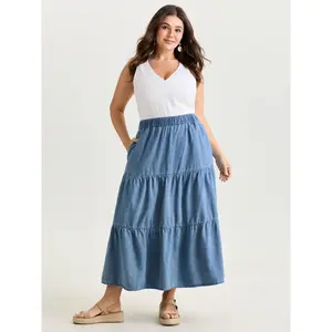 BLOOMCHIC Women's Plus Size Supersoft Tiered Maxi Denim Skirt - Fabric, Pocket, Bottoms Garment with Flattering Fit, Sizes M-6X for 2026 Summer Vibes
