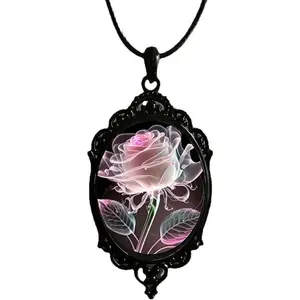 Gothic Rose Glass Necklace for Women, Vintage Satan Demon Pendant, Dark Punk Style Jewelry, Mystic Witch Embossed Pendant, Perfect Gift for Valentine's Day, Mother's Day, Halloween, and Special Occasions, Retro Gothic Accessories for Women