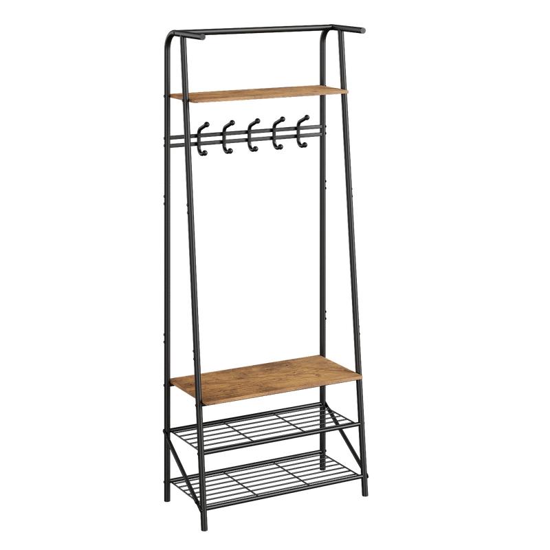 【GARVEE】Multifunctional Coat Rack Shoe Bench with 5 Hooks + Wood Look + Metal Frame + Top Shelf + C-shaped Hooks + Sturdy Frame + Entryway Organizer 【GARVEE】Multifunctional Coat Rack Shoe Bench with 5 Hooks + Wood Look + Metal Frame + Top Shelf + C-shaped Hooks + Sturdy Frame + Entryway Organizer