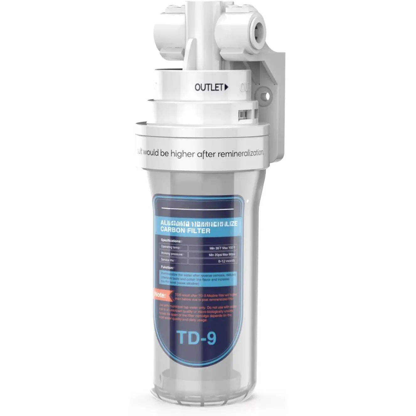 TD-9 Alkaline Remineralization Under Sink Inline Water Filter - Quick Twist  Filter for RO Reverse Osmosis System, Reduce Chlorine, Adjust Taste & PH, Restore Essential Minerals