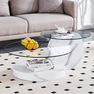 Modern Double Deck Round Table Glass Top & MDF Legs for Living Room & Bedroom Easy Assembly Included Farmhouse Coffee Table Set