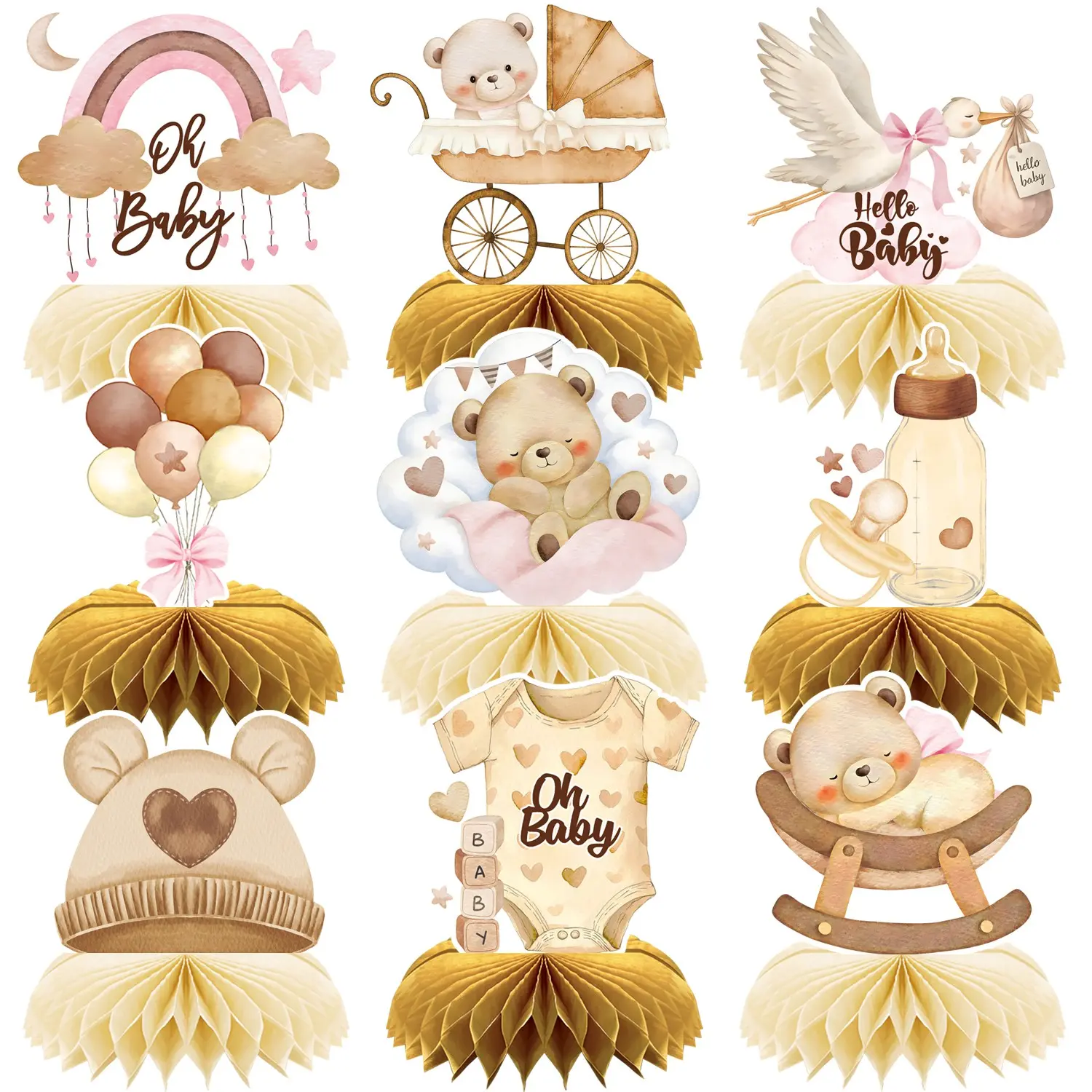 9Pcs Bear Baby Shower Honeycomb Centerpieces, Watercolor Bear Table Toppers for We Can Bearly Wait Theme, Gender Reveal Party Decorations, Neutral Boho Birthday Supplies