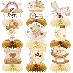 9Pcs Bear Baby Shower Honeycomb Centerpieces, Watercolor Bear Table Toppers for We Can Bearly Wait Theme, Gender Reveal Party Decorations, Neutral Boho Birthday Supplies