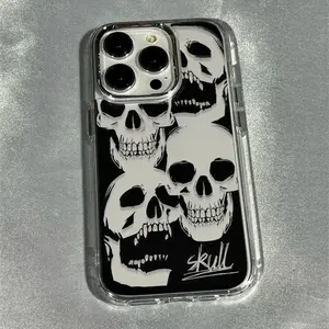 Apple phone case for iPhone 17 16 15 14 13 12 Plus Pro Max series, luxurious transparent electroplated lens protection case, soft phone case with skull pattern