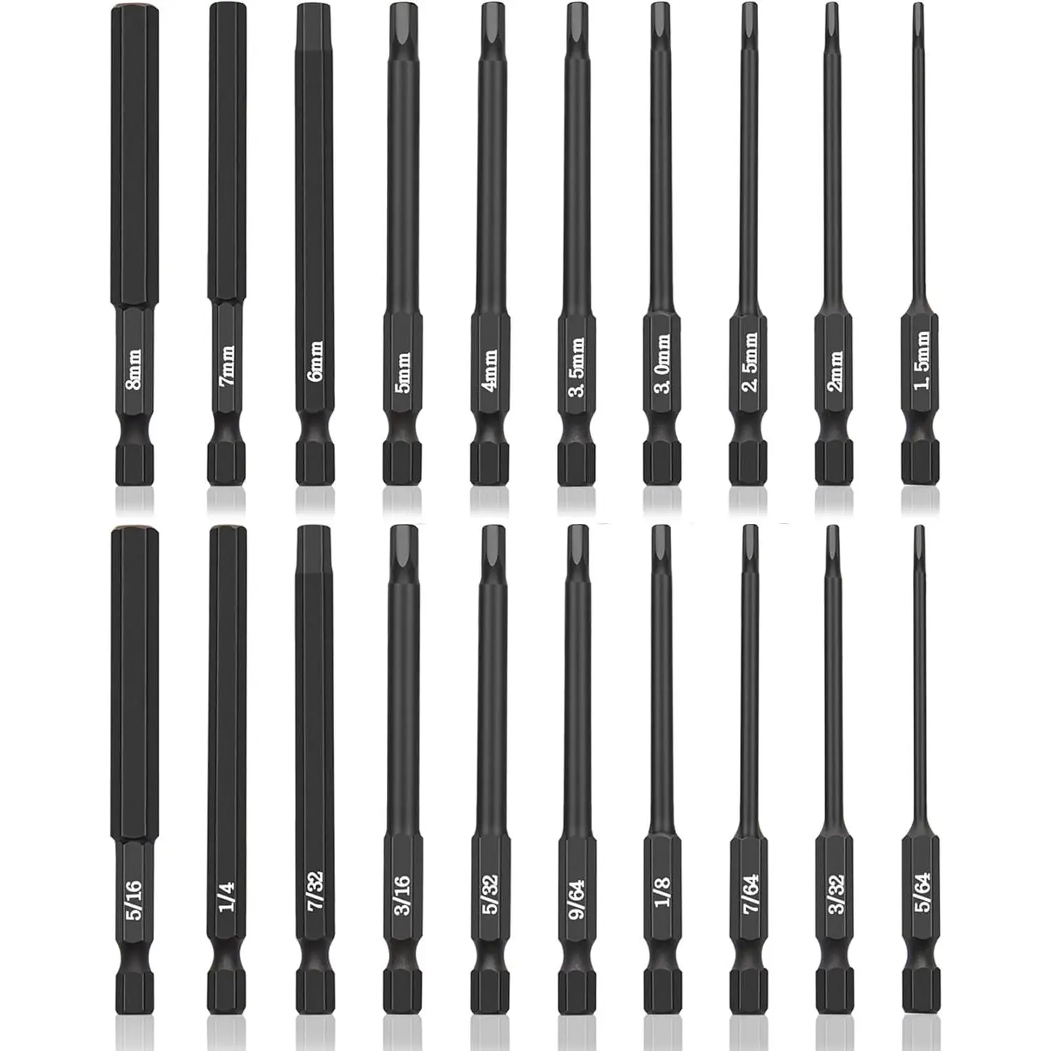 20 count Hex  Allen Wrench Drill Bit Set, 1/4 Inch Shank Metric and SAE S2 Steel Hex Bit Set,  Tips 3 Inch Long
