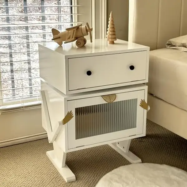 RoyalCraft Robot Nightstand with LED Light Strips, End Table with 360 Degree Rotating Drawer, Modern Design Bedside Table with Glass Door Storage, Woo