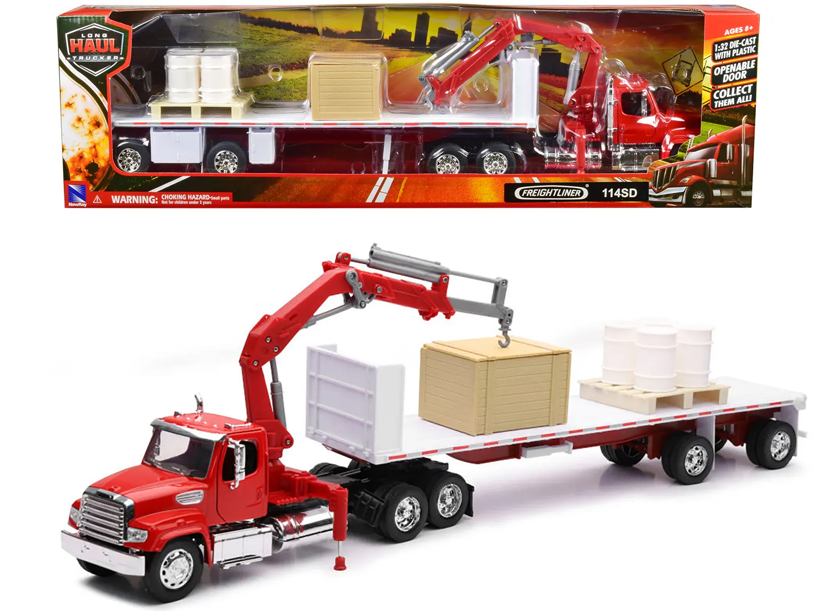 Freightliner 114SD Flatbed Truck with Crane Red w/ Accessories "Long Haul Trucker" Series 1/32 Diecast Model by New Ray