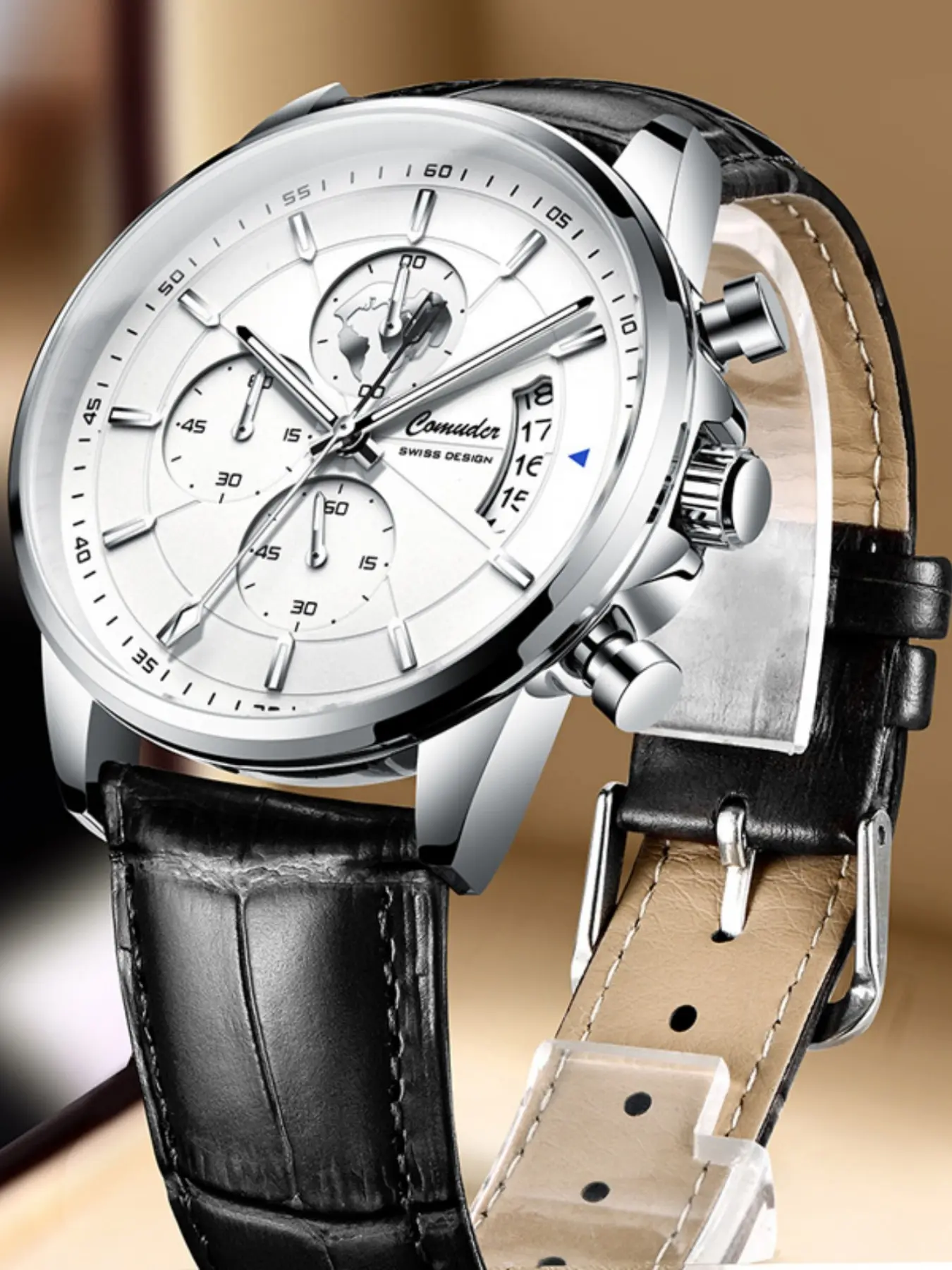 Men's Business Casual Quartz Analog Wristwatch, Luminous Hands and Markers, Calendar Function, Leather Strap, Silver Color Stainless Steel Case, Analog Watches