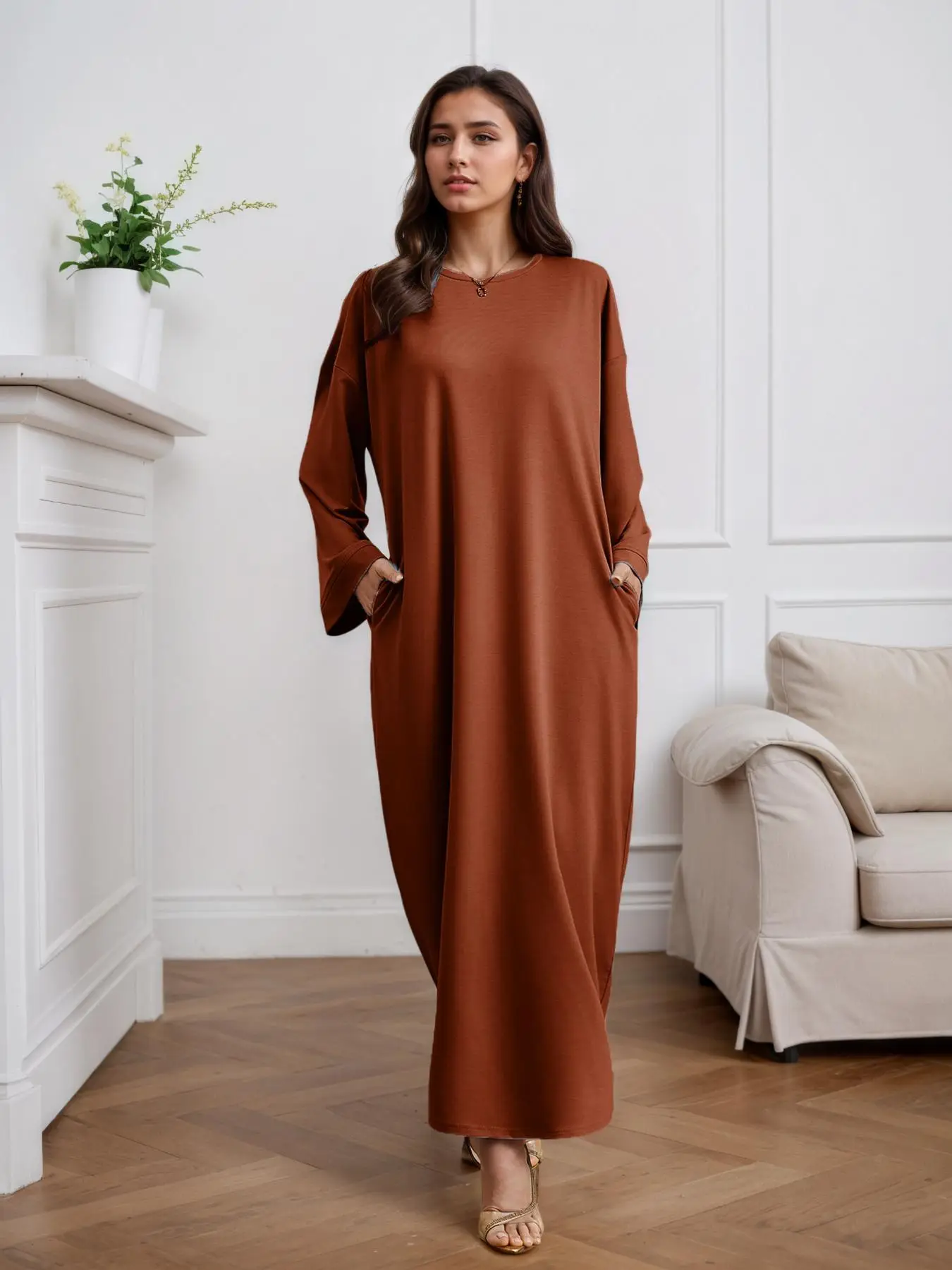 Women's Solid Color Round Neck Long Sleeve Arabian Dress, Elegant Fashion Casual Crew Neck Dress for Daily Outdoor Wear, Women's Islamic Clothing for