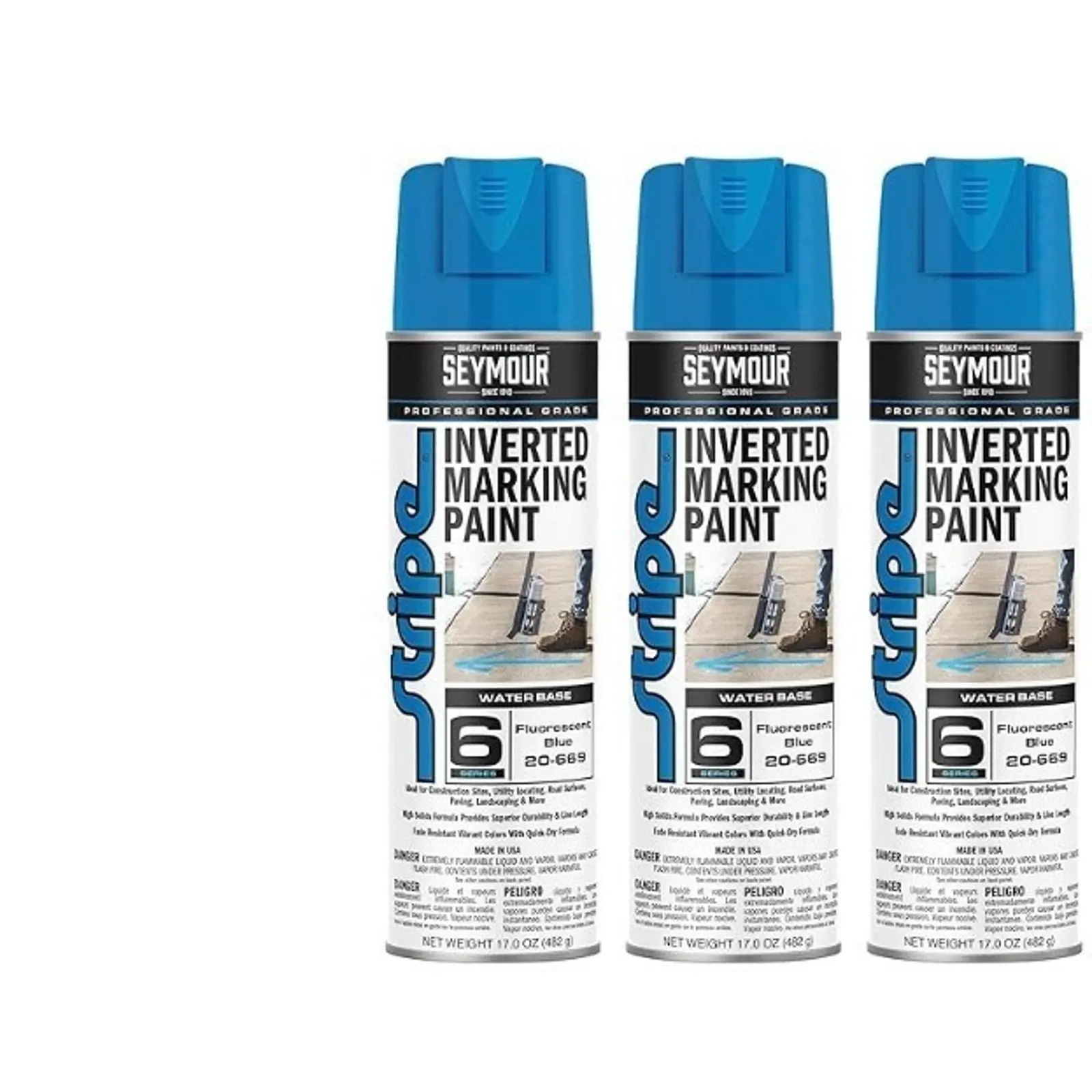 (3-Pack) Seymour 20-669 Inverted Tip Stripe Permanent Marker, Blue Fluorescent Waterbase Marking Paint, Quick-Drying High-Solids Resins, Non-Clogging, VOC Compliant, Grass-Safe, Tear Away Spray-Thru Cap, Vivid Lines, Ideal for Marketing & Construction Use