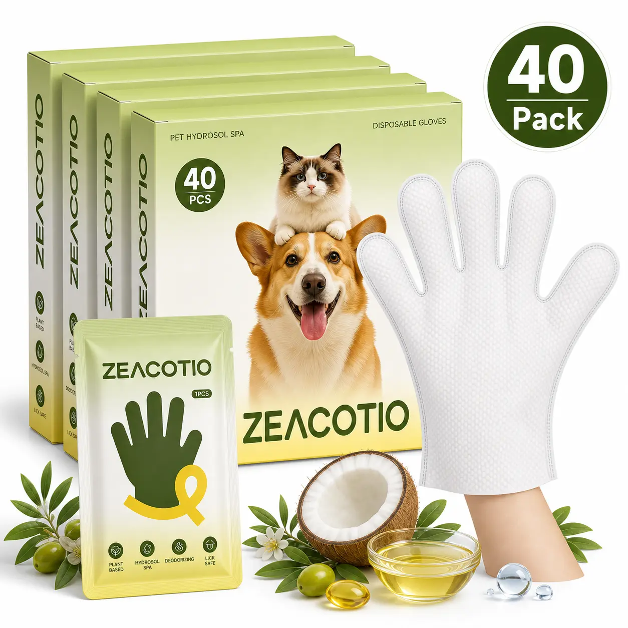 Hypoallergenic Pet Glove Wipes for Dogs, Cats & Small Animals | No-Rinse Deodorizing Dog Wipes for Paws, Butt, Eyes & Ears | Pet Wipes for Stain & Odor Cleanup Between Baths & Travel