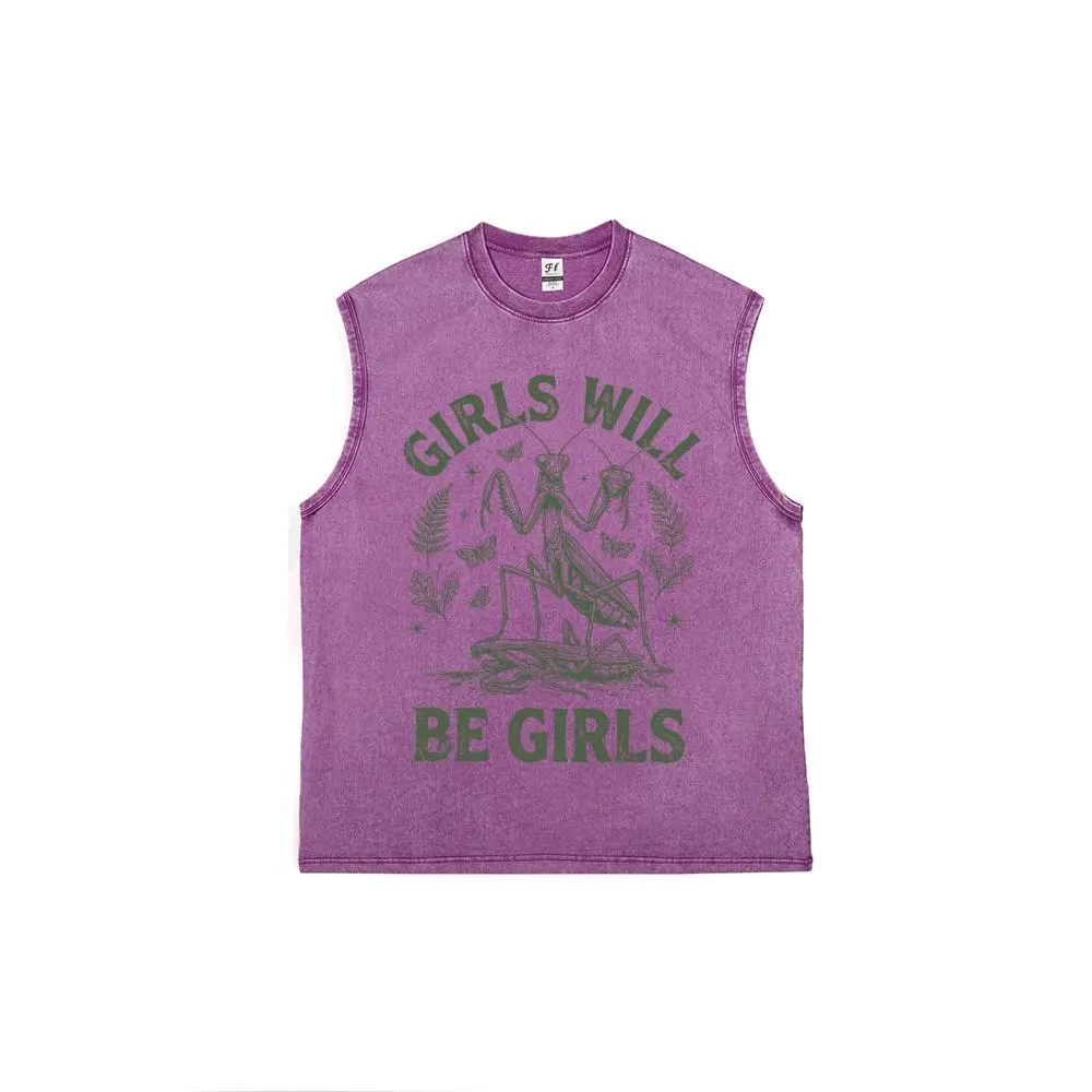 Vintage Washed Cotton Girls Will Be Girls Mantis Print Tank Top | Unisex Oversized Funny Mantis Graphic Vest | Retro Dark Aesthetic Casual Streetwear Sleeveless Top Fit Breathable