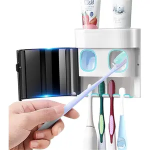 Toothbrush Holder Toothpaste Dispenser Wall Mounted Cover Electric Tooth Brush Stand Set with 2 Toothpaste Squeezers for Shower Bathroom Kids Black (No Electric, No Light)