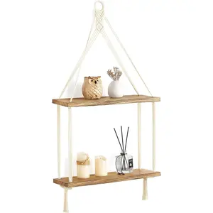 Macrame Hanging Shelf Boho Wall Decor 2 Tier Handmade Cotton Rope Rustic Wood Floating Shelves Display Photos Plants Hanging Storage Shelving for Living Room Nursery Bathroom Bedroom