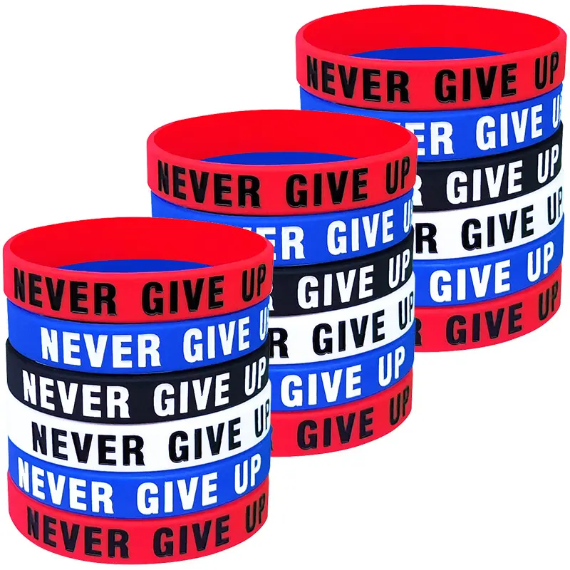 Unisex Silicone Bracelet Bangle Set - 6pcs Inspirational Wristbands with "NEVER GIVE UP" Lettering, One-Size Casual Accessory for School Teams