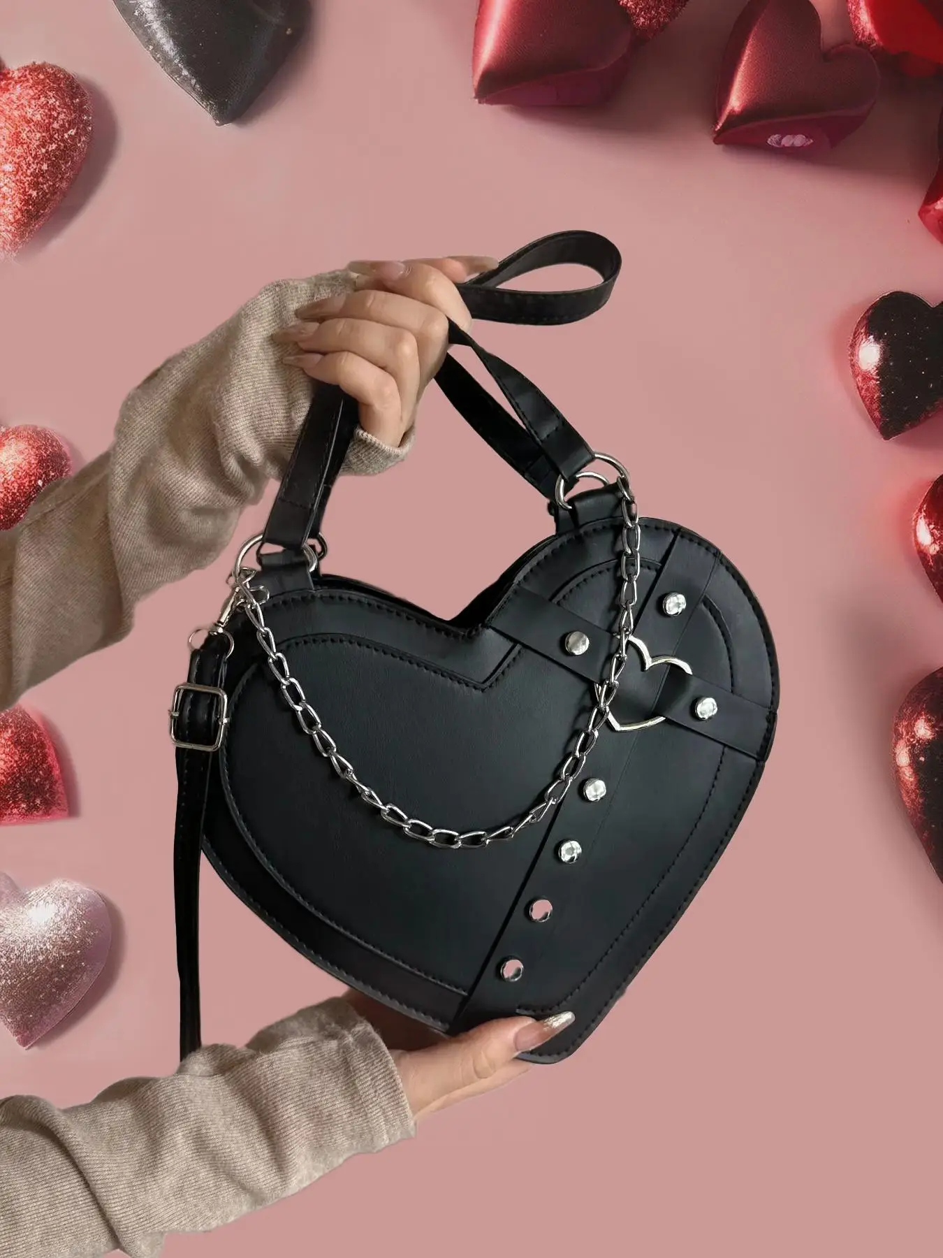Women's Fashionable Casual Studded Decor Crossbody Bag, Novelty Heart Shaped Shoulder Bag for Daily Use, Summer 2024 Trendy Matching Bag Handbag for P