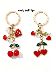 Cherry-Themed Bag Charm, Heart and Pearl Keychain, Enamel and Rhinestone Fruit Charm, Instagram-Style Girly Look, Versatile for Bags and Keys, Cute Keychain