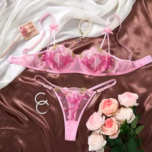 SILIX Dreamy Balletcore Sakura Pink Bra Set | Romantic Sheer Mesh Underwire Lingerie with Textured Rose Embroidery for Women