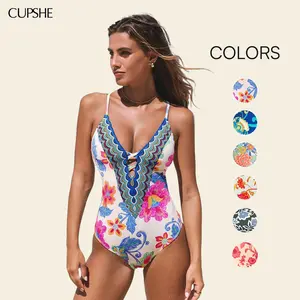 CUPSHE Boho Floral One-Piece Swimwear | Sculpting Tummy Control Swimsuit, Plunging V-Neck & Adjustable Straps Summer Beach Holiday