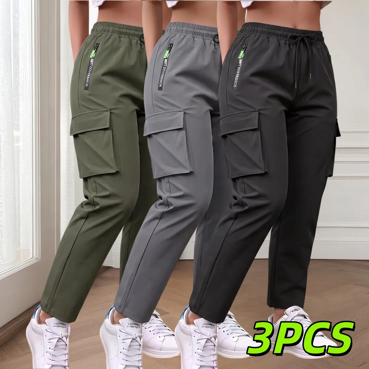 3-pack women’s straight-leg cargo casual pants with multiple pockets; fashionable women’s long casual pants; women’s pants suitable for light workwear, walking, jogging, and fitness, as well as everyday casual wear.