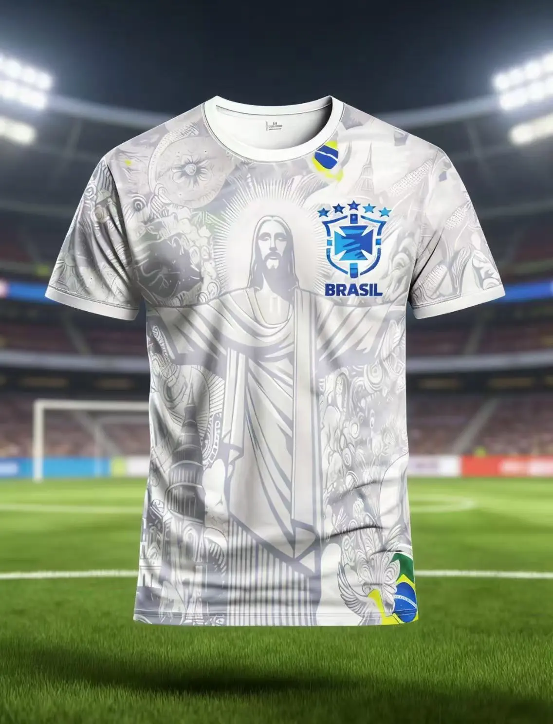 Men's Short Sleeve Soccer Jersey with Brazilian Statue Graphic, Comfortable Round-Neck Football T-Shirt, Gift for Sports Fans & Watch Parties, Football Fashion, Watch Party, Brazilian Statue Style, Daily Wear, Great Gift, Male
