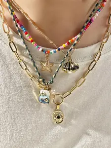 Women's Elegant Colorful Beaded Charms Necklace, Fashionable Starfish & Shell Design Necklace for Party, Daily Decor, Trendy All-match & Exquisite Jewelry for Birthday Gift