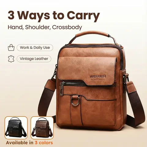 WEIXIER Men's Genuine Leather Crossbody Backpack - Retro Plaid Street-Style Large-Capacity Portable Bags, Adjustable Shoulder Straps Durable Cowhide, Simple Sling Men's Crossbody & Shoulder Bags for Business Travel, Father's Day Gift