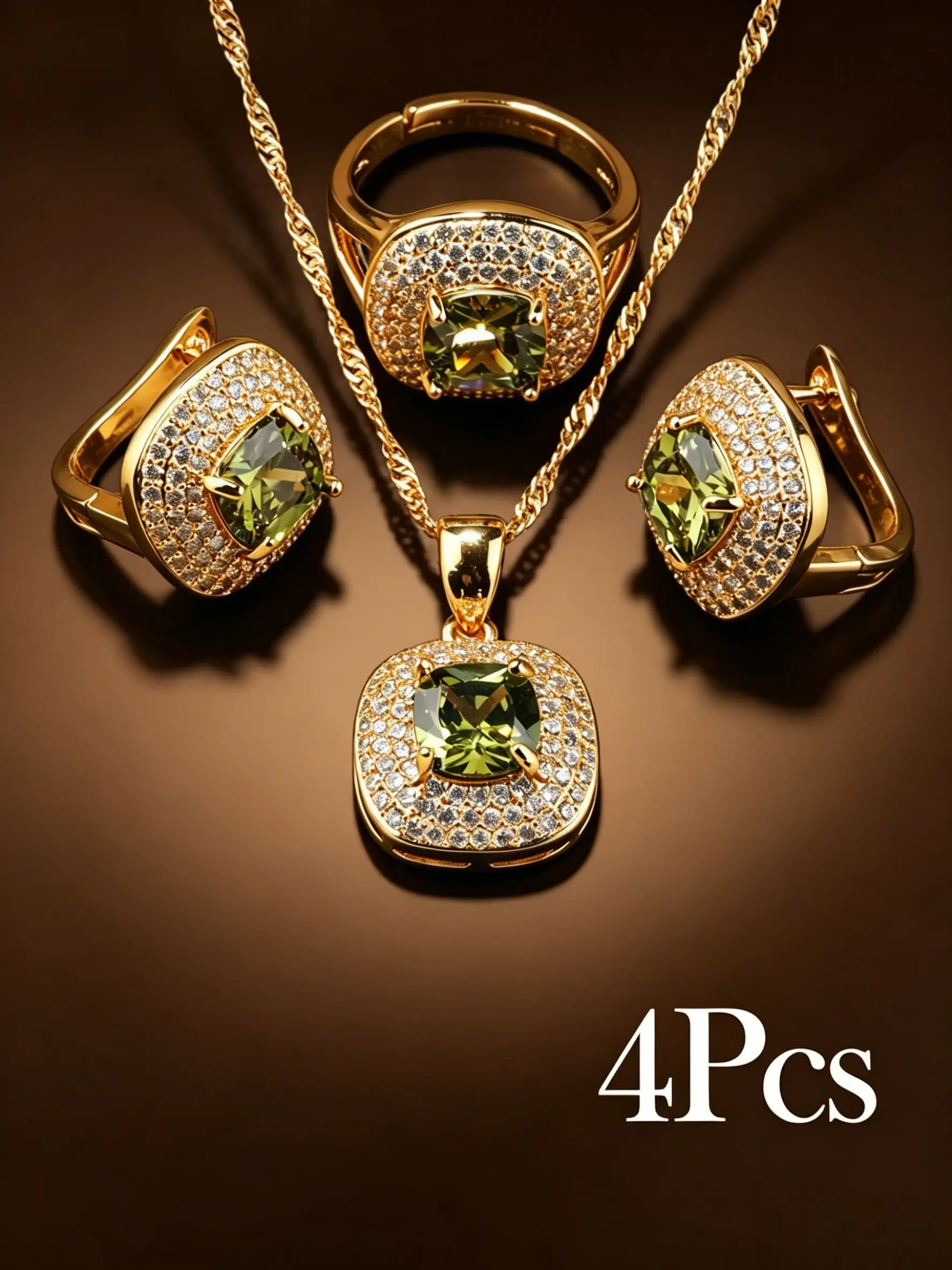 4Pcs Women's Jewelry Set, 18K Gold Tone Plated, Simulated Peridot Green Cubic Zirconia & Clear CZ, Pendant Necklace, Earrings & Ring, Elegant Bridal Jewelry Set For Wedding & Party Accessories