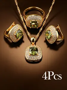 4Pcs Women's Jewelry Set, 18K Gold Tone Plated, Simulated Peridot Green Cubic Zirconia & Clear CZ, Pendant Necklace, Earrings & Ring, Elegant Bridal Jewelry Set For Wedding & Party Accessories