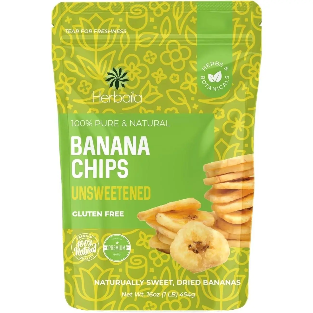Herbaila Dried Banana Chips Unsweetened Bulk, 1 lb. Dried Bananas, Unsweetened Banana Chips, Dehydrated Bananas, Unsweetened Dried Banana slices, Banana Crisps. All Natural, Non-GMO, 16 oz.