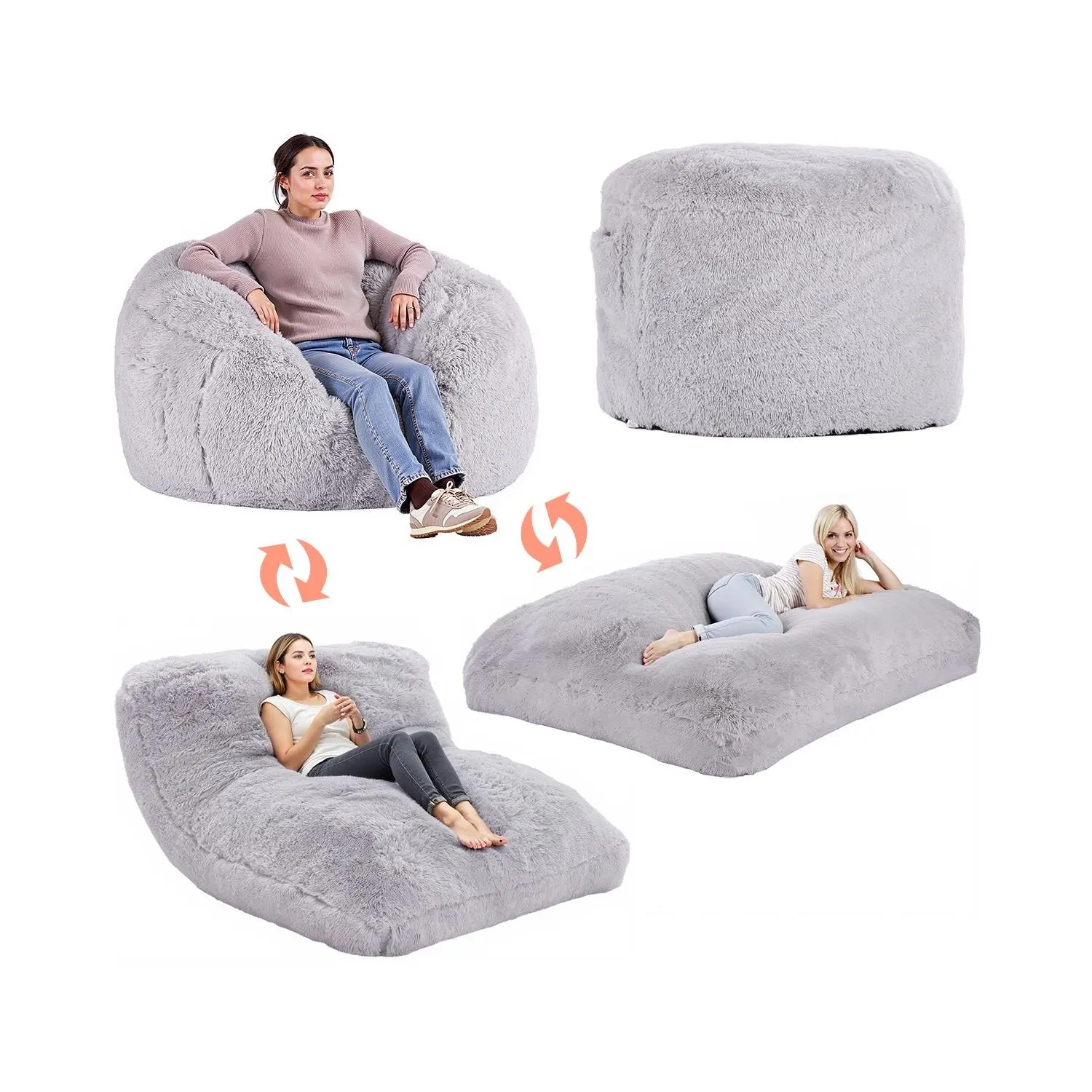 【Summerfinds】Casual Full-Size Fluffy Plush Convertible Bean Bag Chair Bed (48x48x30 in) - Polyurethane Foam Cushion-Filled Home Furniture for Adults, Washable Cover, Side Pocket, Lounge/Mattress Conversion, Grey, Bean Bag Bed