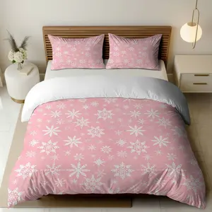 3PCS Duvet Cover Set, 1 Duvet+2 Pillowcases(Without filler), Pink Snowflakes Winter Cozy Frozen theme, Christmas bedding set, Elegant Comfortable Suitable for decoration Bedroom, Guest room, Hotel, Dormitory.