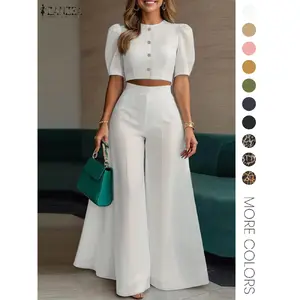 Women's Two Piece Plain Woven Crop Top High Waist Elastic Wide Leg Pants Summer Daily Wear Elegant Fashion Outfit Set