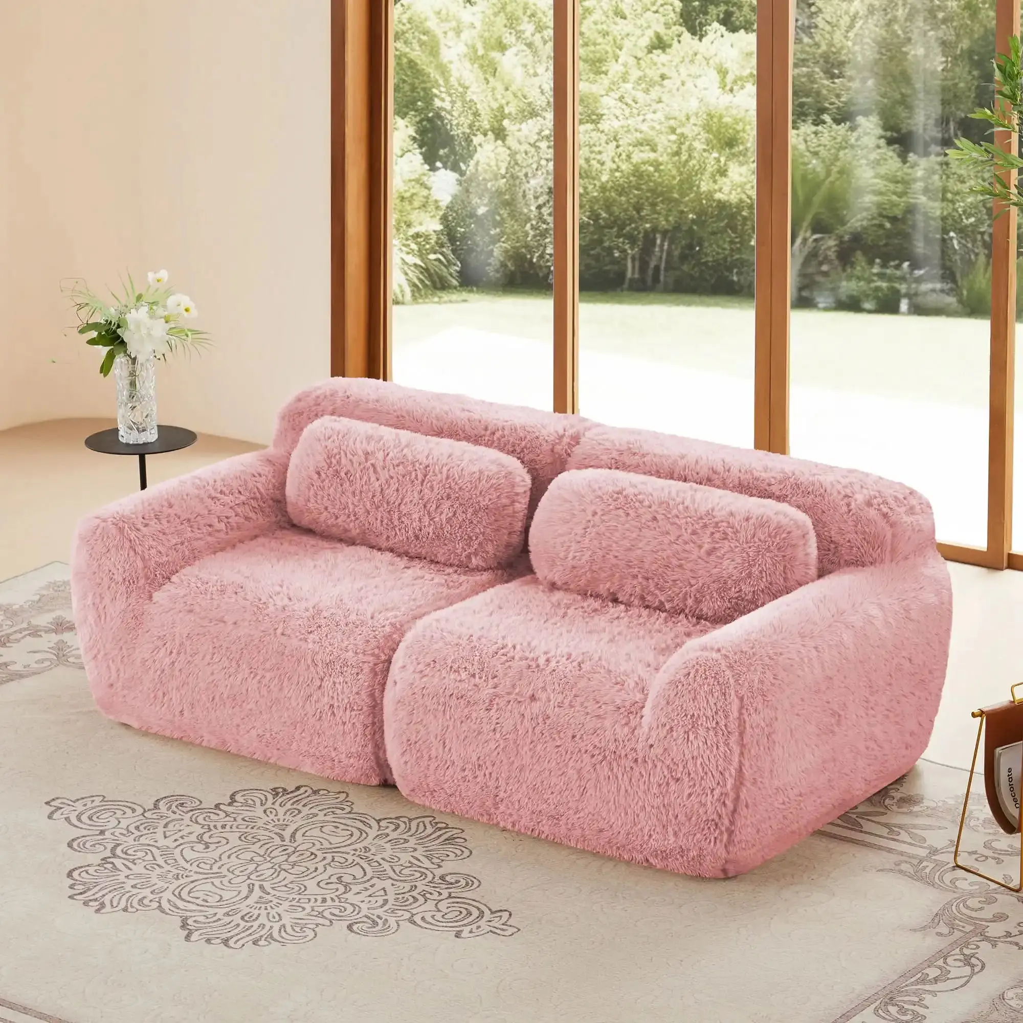 2 Seater Modular Sectional Sofa Plush Fabric Ergonomic Design Pink
