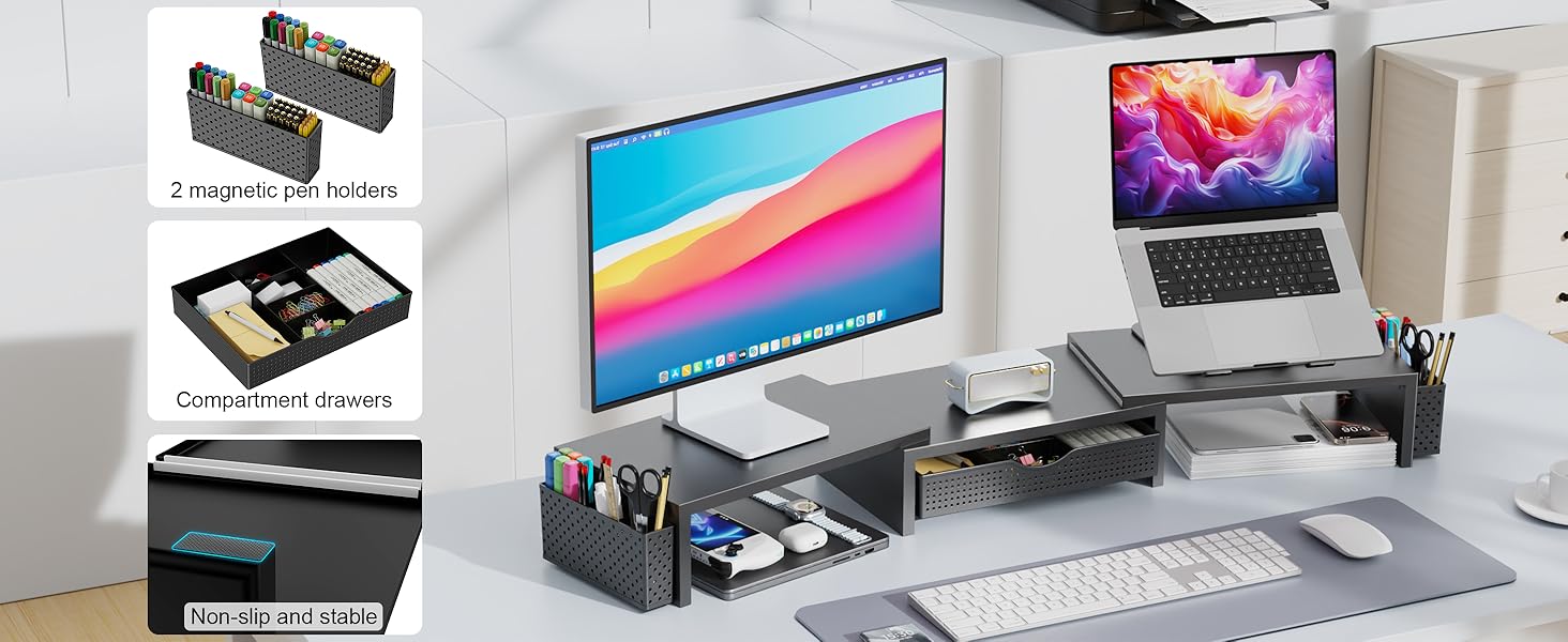 Dual Monitor Stand Riser, Desk Organizer With Drawer and 2 Pen Holders, Computer Monitor Stand, Shelf for Top of Desk, Black