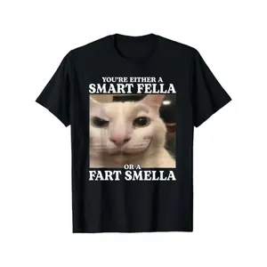 Funny Cat Meme T-Shirt - "You're Either Smart or Stinky" Humorous Graphic Tee with Design, 100% Cotton Unisex Sizes, Machine Washable Round Neck Casual Shirt for Men & Women, Black with White Text, Cat Tshirt, Allseason Apparel