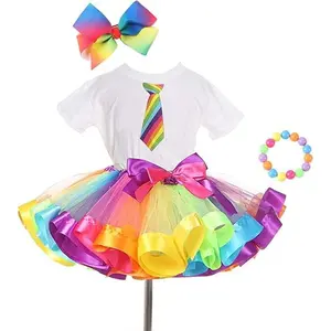 Girls Kids Rainbow T-Shirt & Colorful Ballet Tutu Skirt Set with Hair Bows and Beaded Bracelets, Cute Princess Dance Outfit for Birthday Party Daily Wear