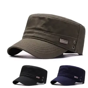 Army, Military Flat Cadet Top Hat, Cotton Military Washed Adjustable Cap - Black, Green, Navy Blue