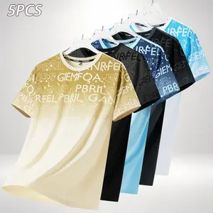 Men's 5 Pack Gradient Letter Pattern T-Shirts Set, Crew Neck Short Sleeve Casual Summer Tops, Multi Color Tees for Daily Wear, Streetwear, Vacation, Outdoor, Gym, Beach, Home, Matching Outfit, Fashion Basic Shirts for Men and Young Adults