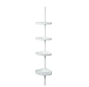 Adjustable Tension Steel Shower Pole Caddy, 3 Shelves, 60" - 96", White Finish - Bathroom Organizer Installation Minimalist Racks Basket