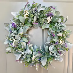 [Eucalyptus Wreath] Year-Round Eucalyptus Leaf Lavender Wreath | Farmhouse Door Decoration with Berries, Small White Flowers, and Eucalyptus Green Leaves Ornaments