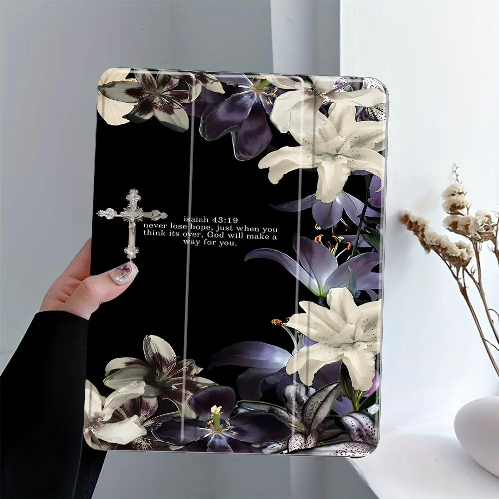 Lily Cross Bible Pattern Foldable Tablet Case with Pen Slot, Suitable for iPad Mini, Air, Pro 4, 5, 6, 7 (2017, 2018, 2019, 2020, 2021, 2022, 2023, 2024, 2025 models), and Samsung S6, 7, 8, 9, 10FE + A7 LTE Tablet Cases